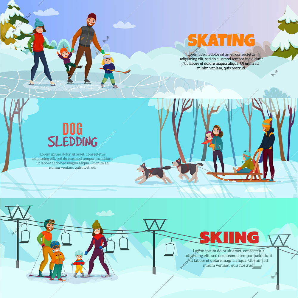 Winter recreation horizontal banners set with skating and skiing symbols flat isolated vector illustration