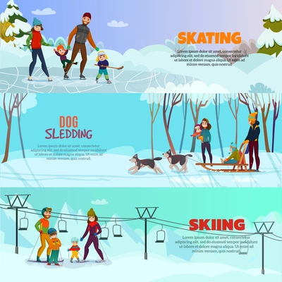 Winter recreation horizontal banners set with skating and skiing symbols flat isolated vector illustration