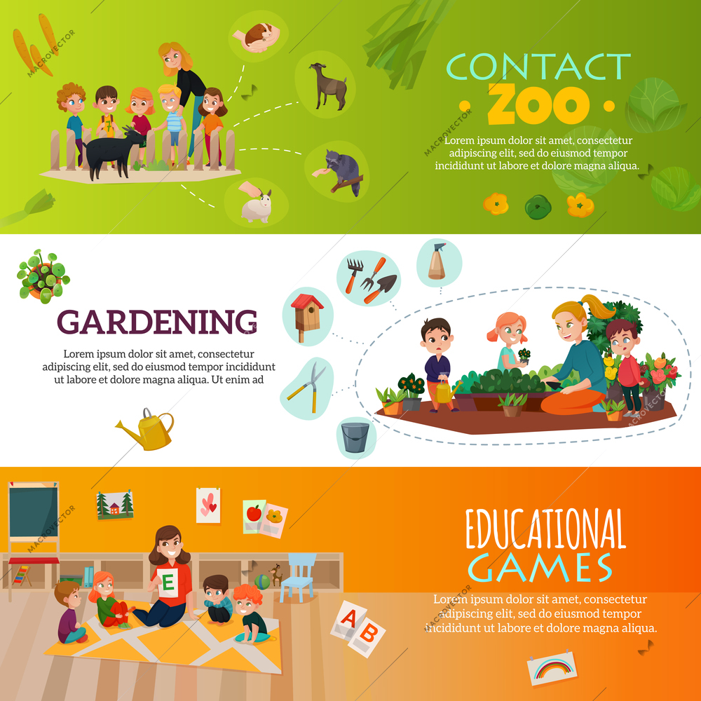 Kindergarten horizontal banners set with contact zoo symbols flat isolated vector illustration