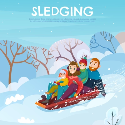 Winter recreation poster with sledging and family symbols flat  vector illustration