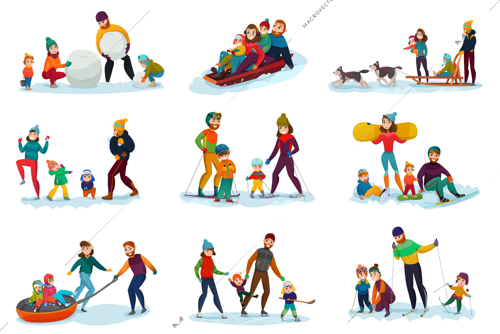 Winter recreation family set with snowballs ski and sleddogs symbols flat isolated vector illustration