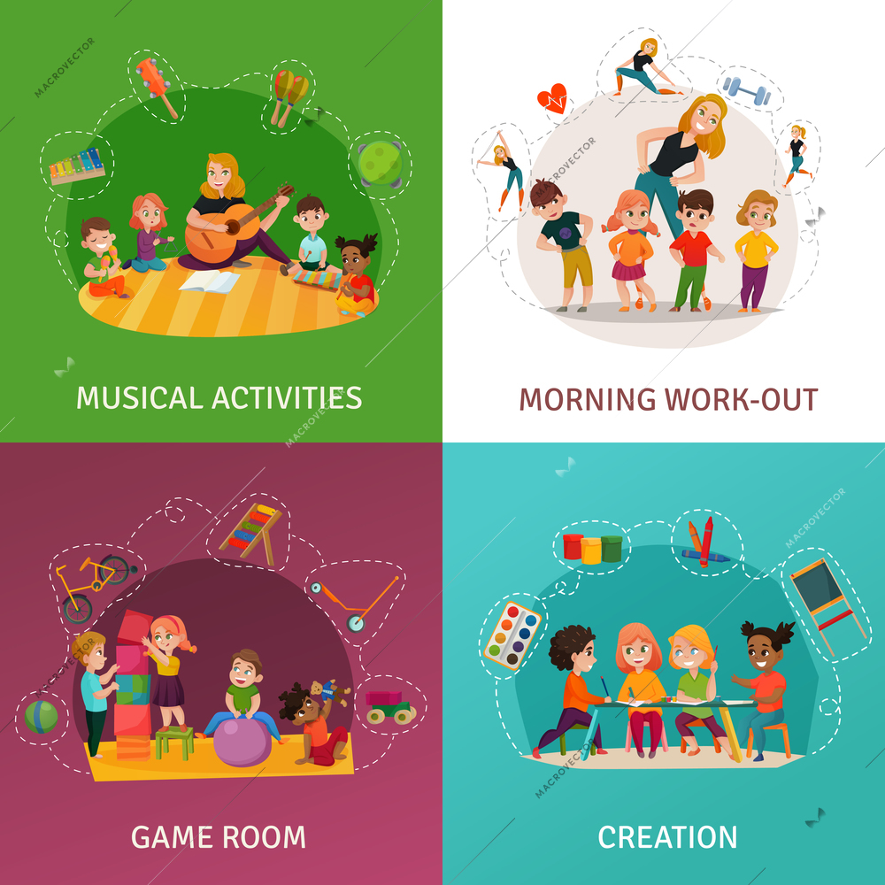 Kindergarten concept icons set with game room symbols flat isolated vector illustration