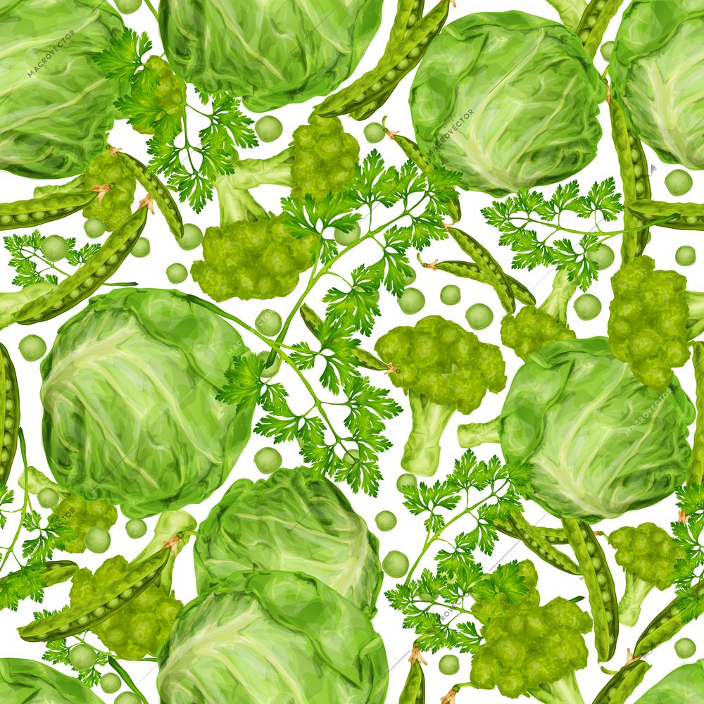 Green vegetable organic food seamless pattern with cabbage parsley peas vector illustration.