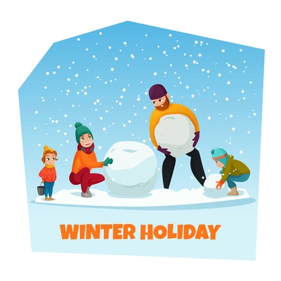 Winter holiday poster with snowman and family symbols flat vector illustration