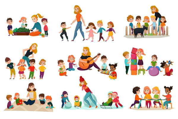 Kindergarten icons set with playing children symbols flat isolated vector illustration