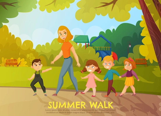 Kindergarten summer walk with kids adult and park flat vector illustration