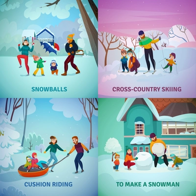 Winter recreation concept icons set with snowman and snowballs symbols flat isolated vector illustration