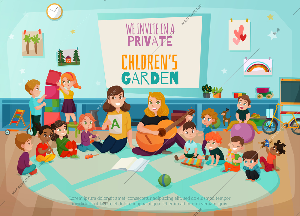 Kindergarten poster with kids game room and playing symbols flat vector illustration