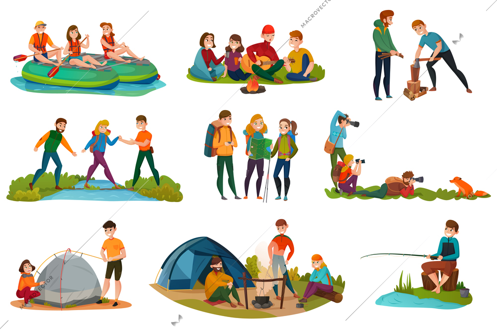 Camping people set with tent food and nature symbols flat isolated vector illustration