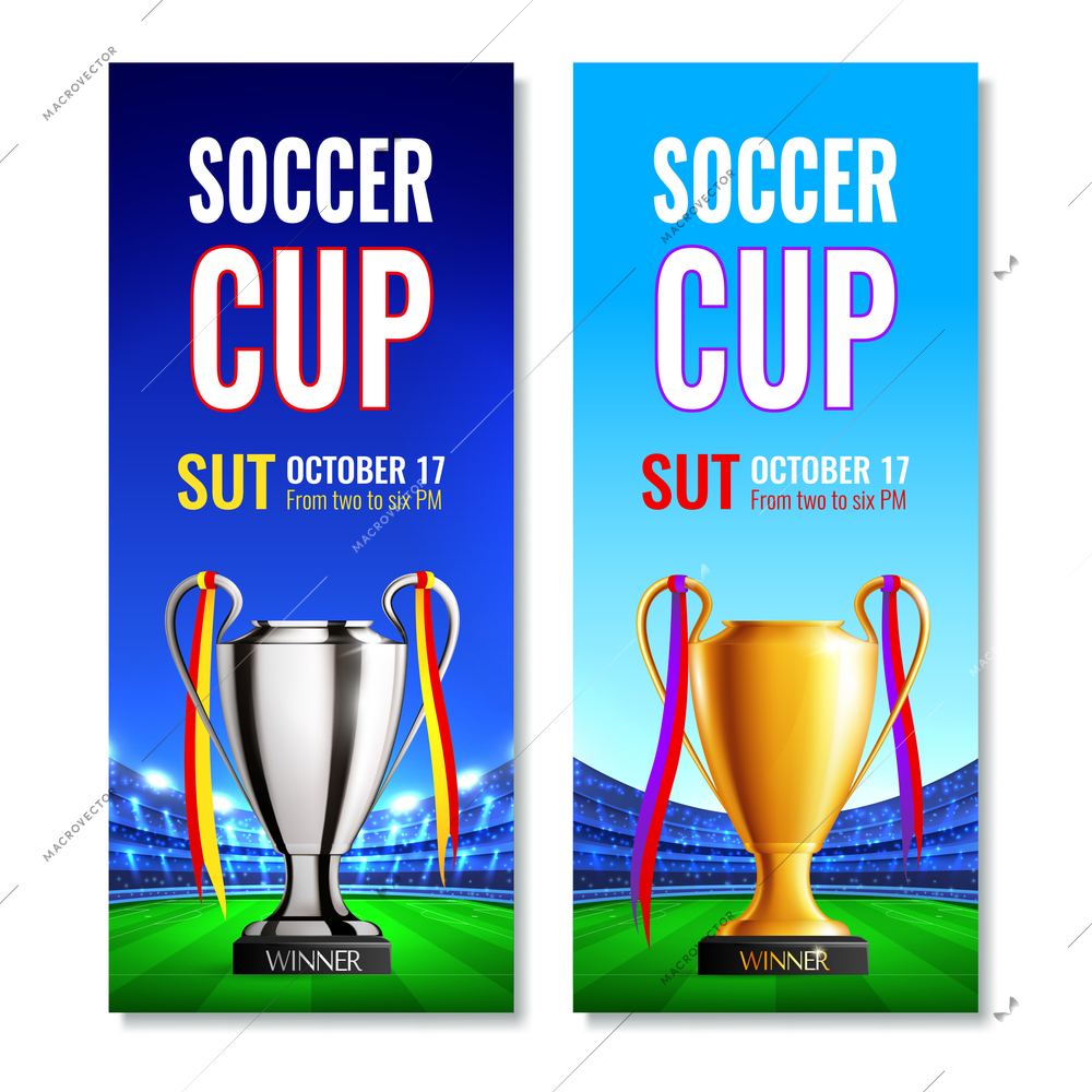 Soccer cup two vertical banners with gold and silver winner bowls and date of match on football field background realistic vector illustration