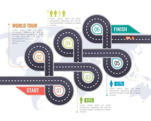 Navigation map infographics layout with  winding road parts start and finish location and phased structure flat vector illustration