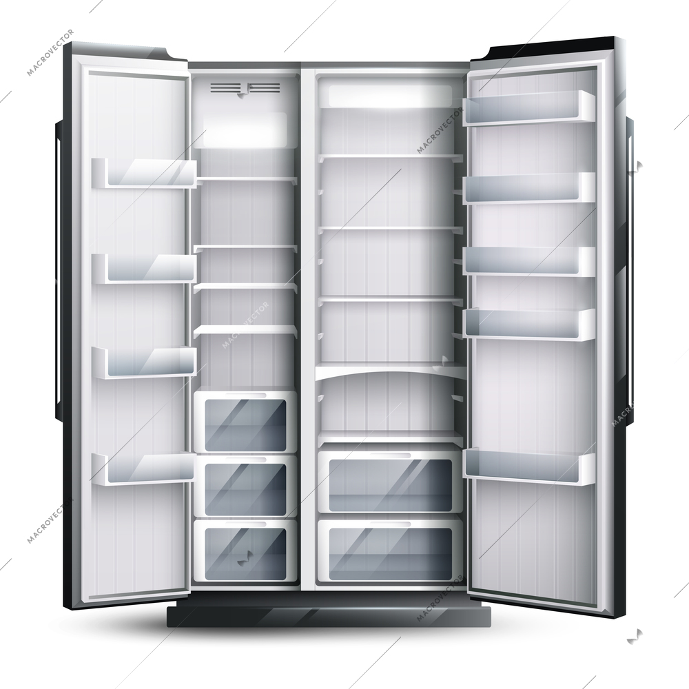 Refrigerator organization monochrome design concept with opened empty wider fridge on white background in realistic style vector illustration