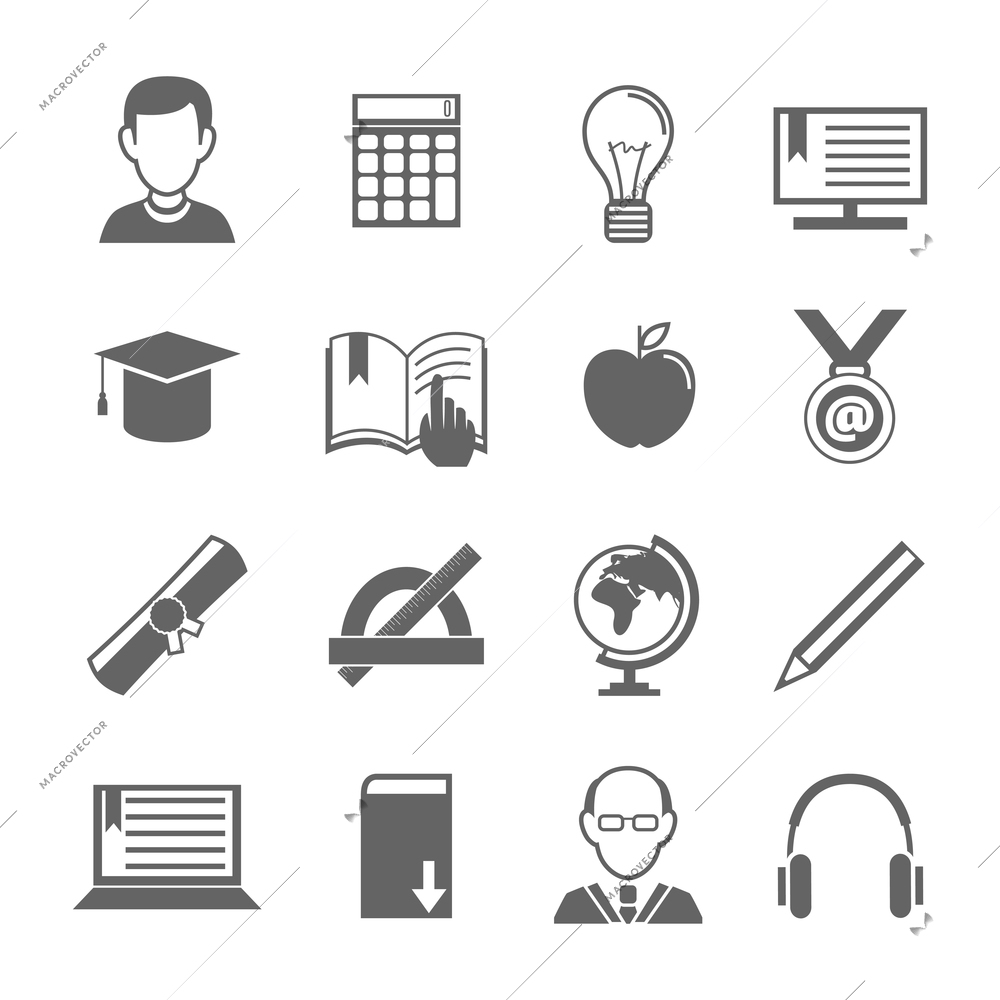 Education school university e-learning black and white icons set with science elements isolated vector illustration