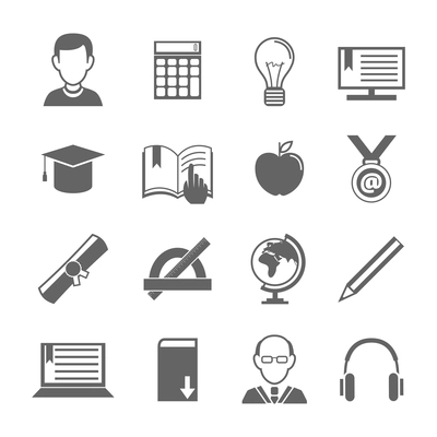 Education school university e-learning black and white icons set with science elements isolated vector illustration