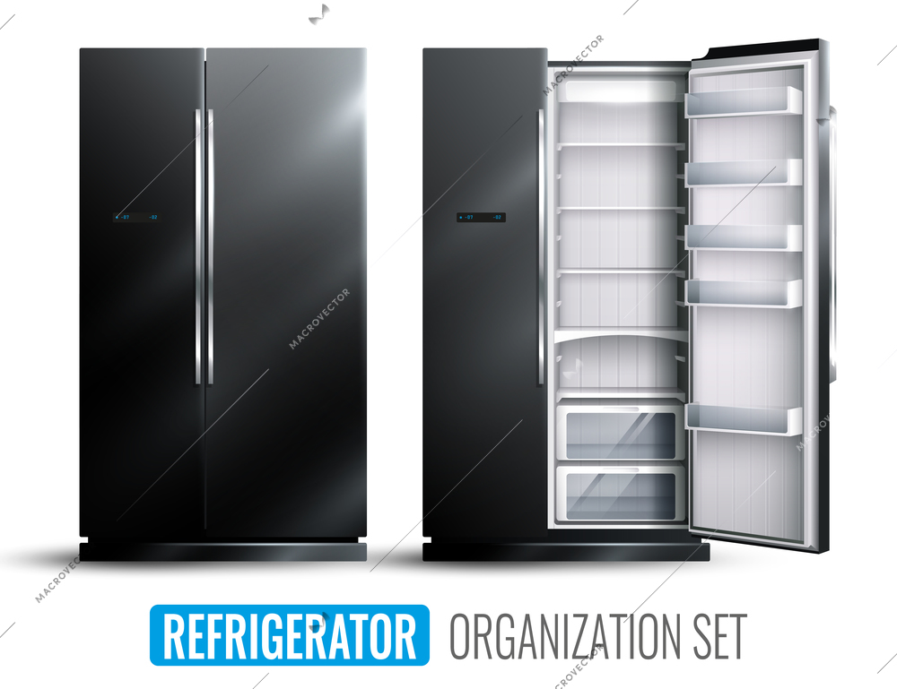 Refrigerator organization monochrome set of opened and closed empty wider fridge on white background realistic vector illustration