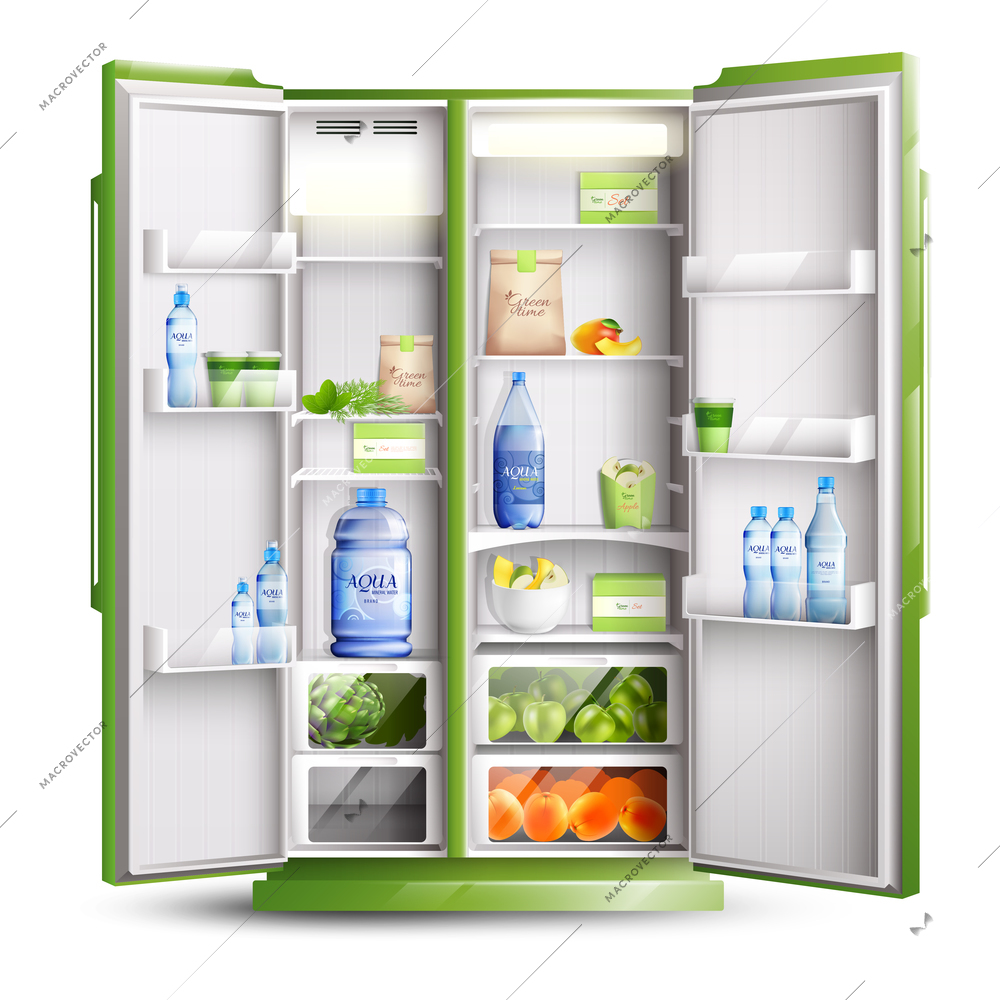 Refrigerator organization realistic isolated object with opened green doors and products on shelves vector illustration