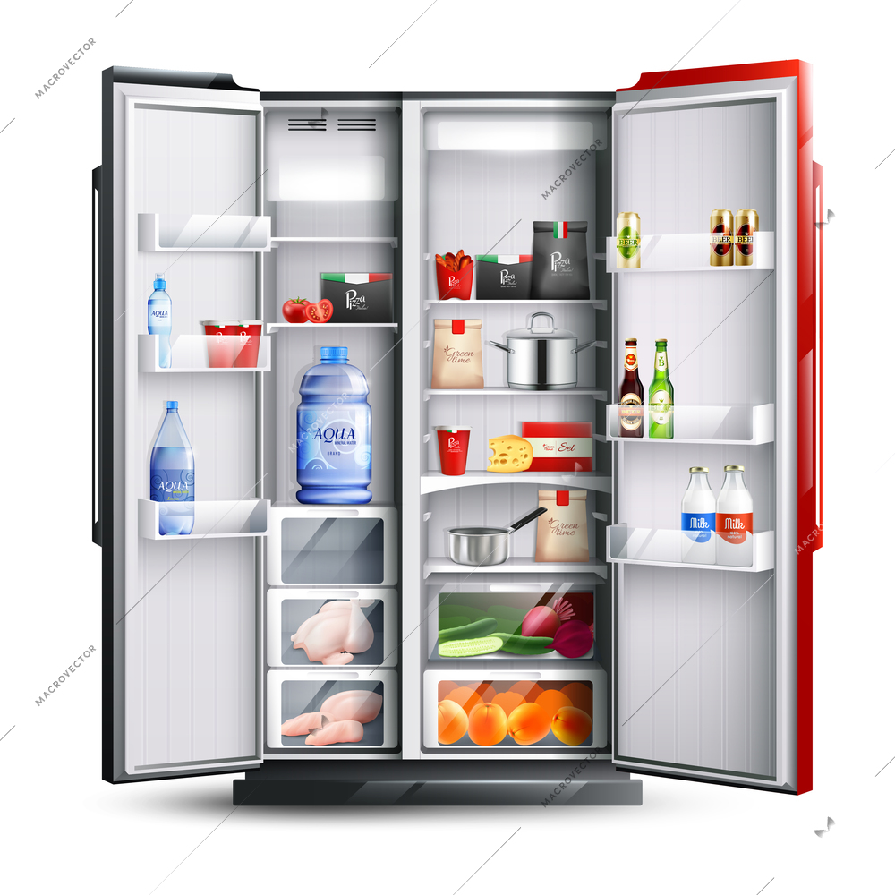 Open refrigerator with two red and black doors full of fresh products in realistic style isolated vector illustration