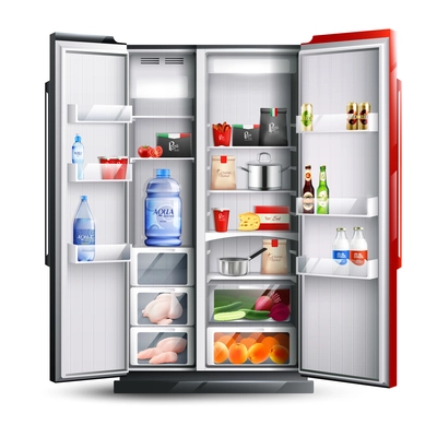 Open refrigerator with two red and black doors full of fresh products in realistic style isolated vector illustration