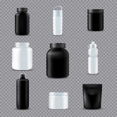Fitness sport drink supplements nutrition eco bottles  realistic white black set transparent background isolated vector illustration
