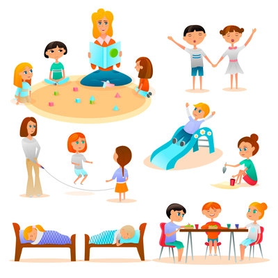 Kindergarten characters flat icon collection with kids playing in sand skipping rope sleeping eating isolated vector illustration