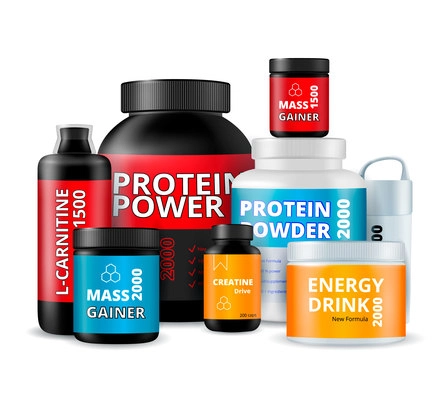 Sport fitness food supplements nutrition bottles realistic composition with protein powder energy drink mass gainer vector illustration