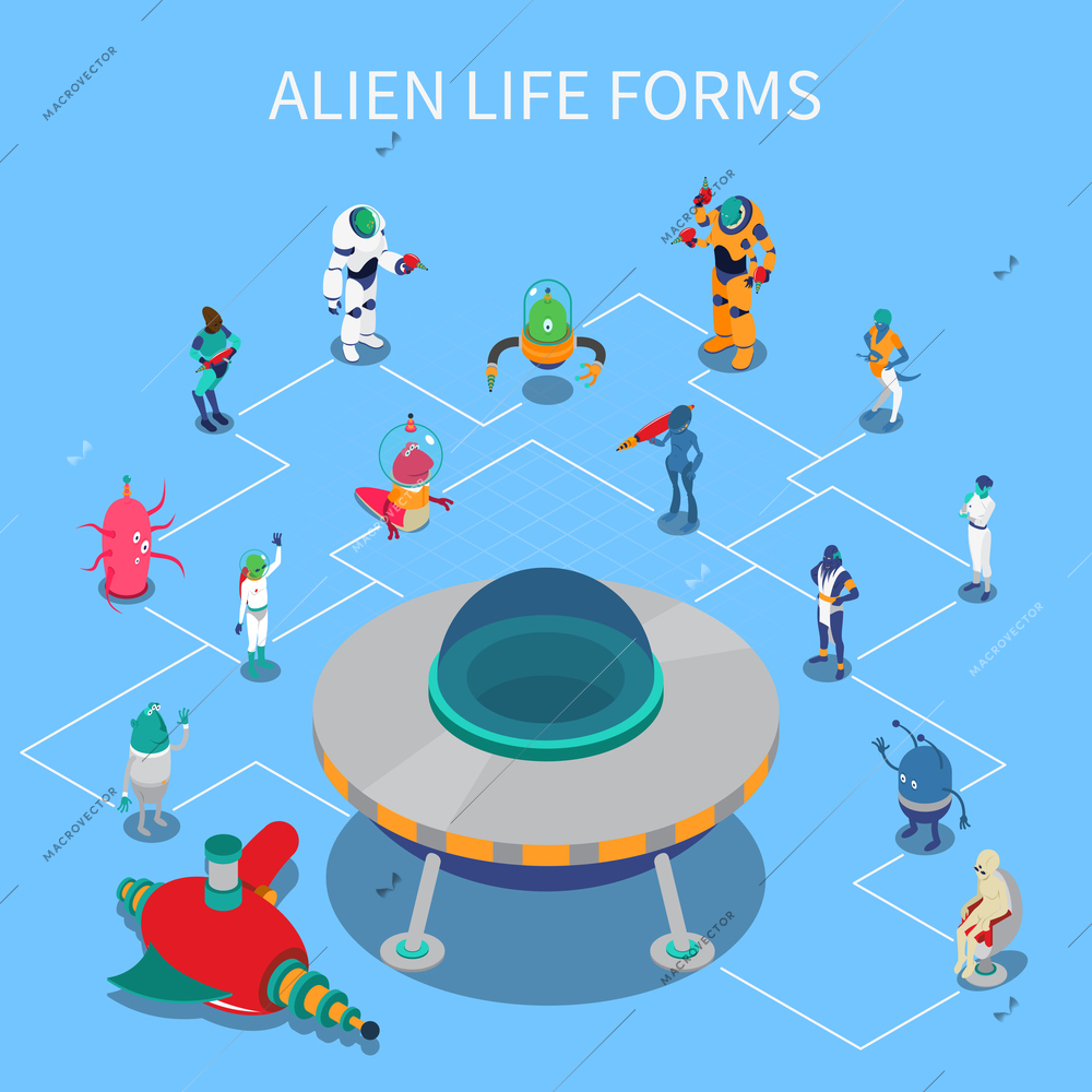 Isometric flowchart with various colorful alien life forms on blue background 3d vector illustration