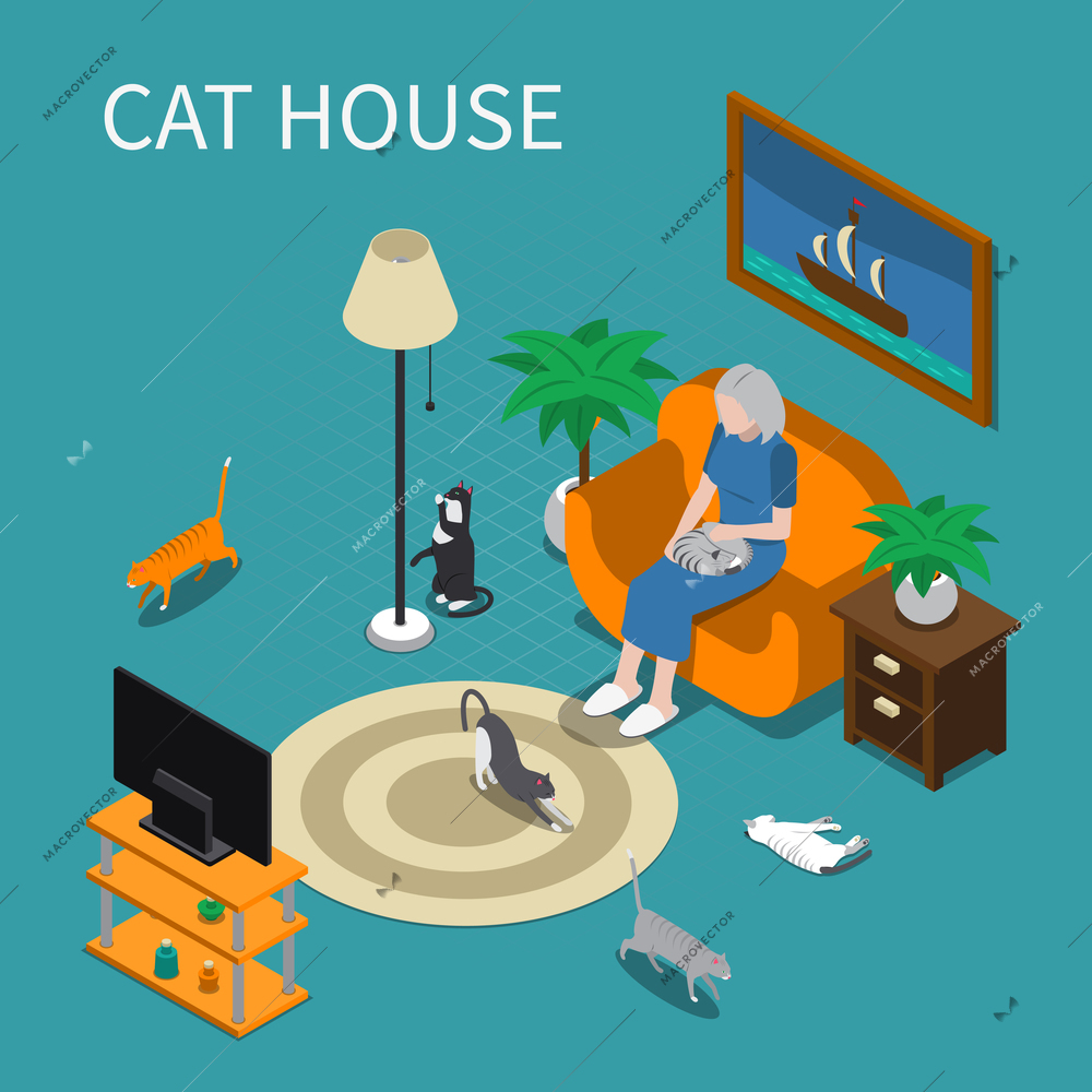 Elderly woman with her pets cats at home isometric composition 3d vector illustration