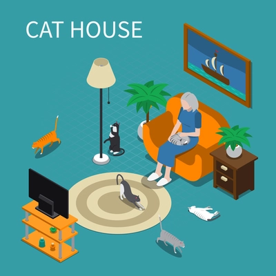 Elderly woman with her pets cats at home isometric composition 3d vector illustration