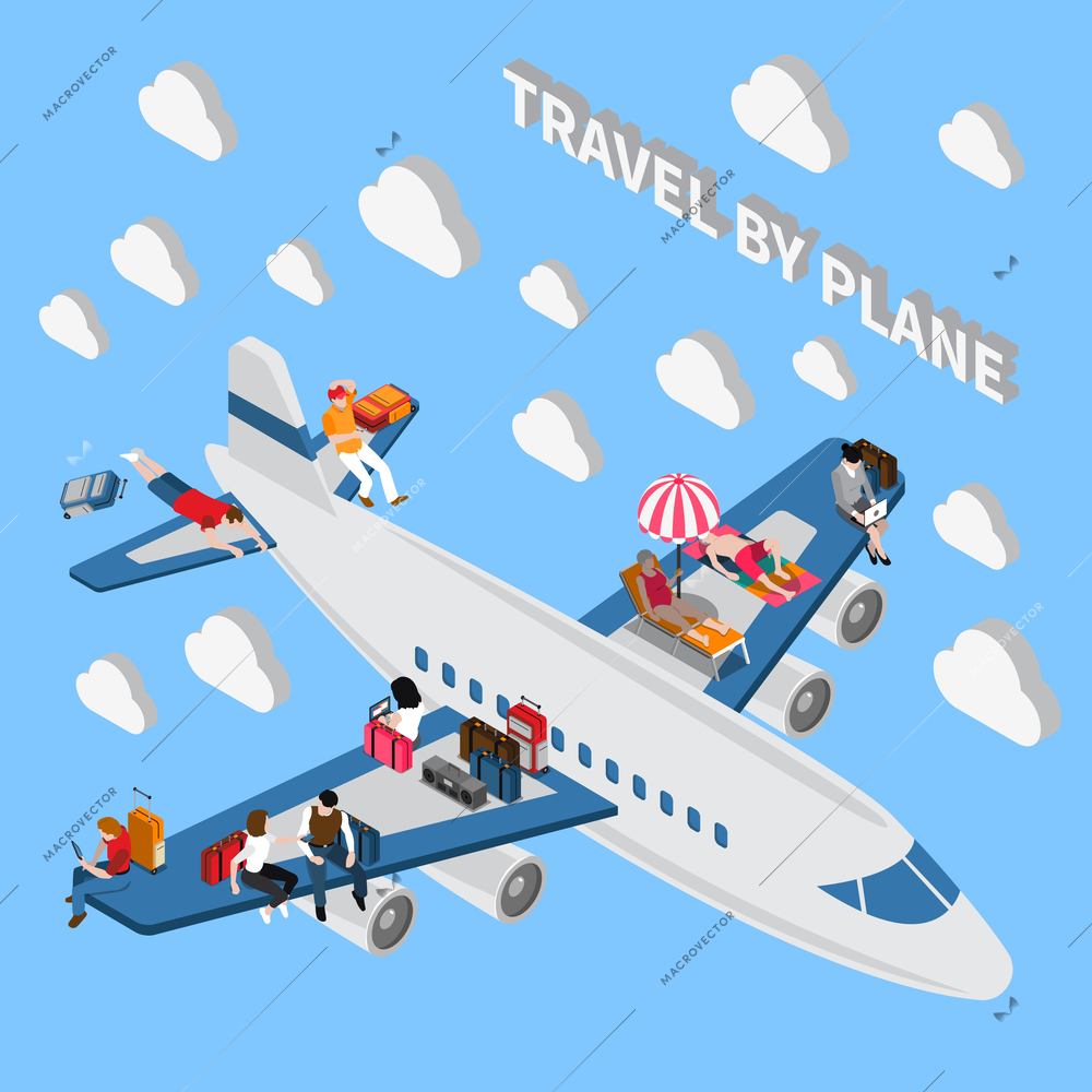 People with luggage travelling by plane isometric miniature concept 3d vector illustration