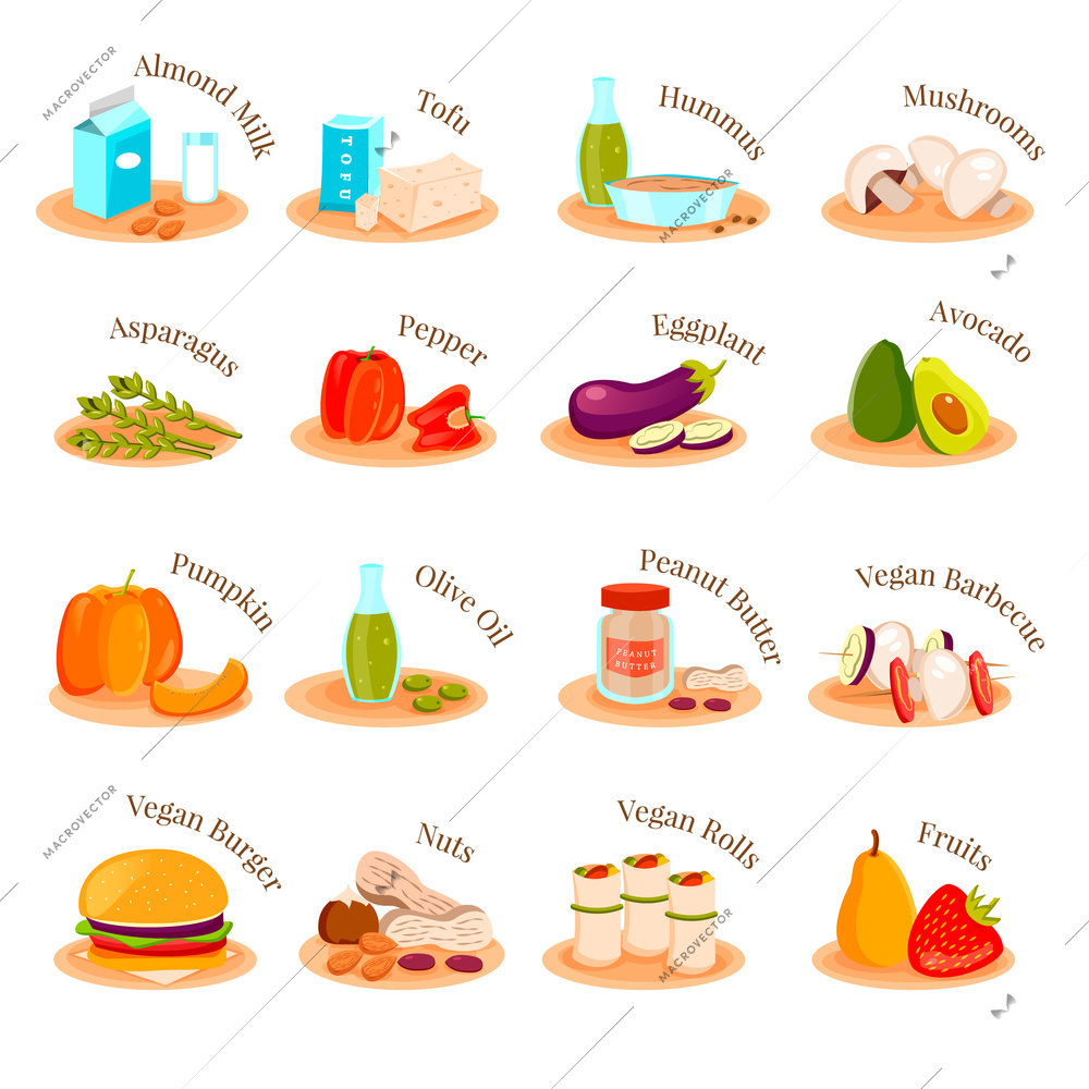 Vegan vegetarian diet food dishes flat icons collection with burger rolls almond milk nuts fruits vector illustration