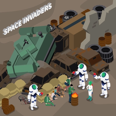 Alien invaders from outer space and homeless people isometric composition 3d vector illustration