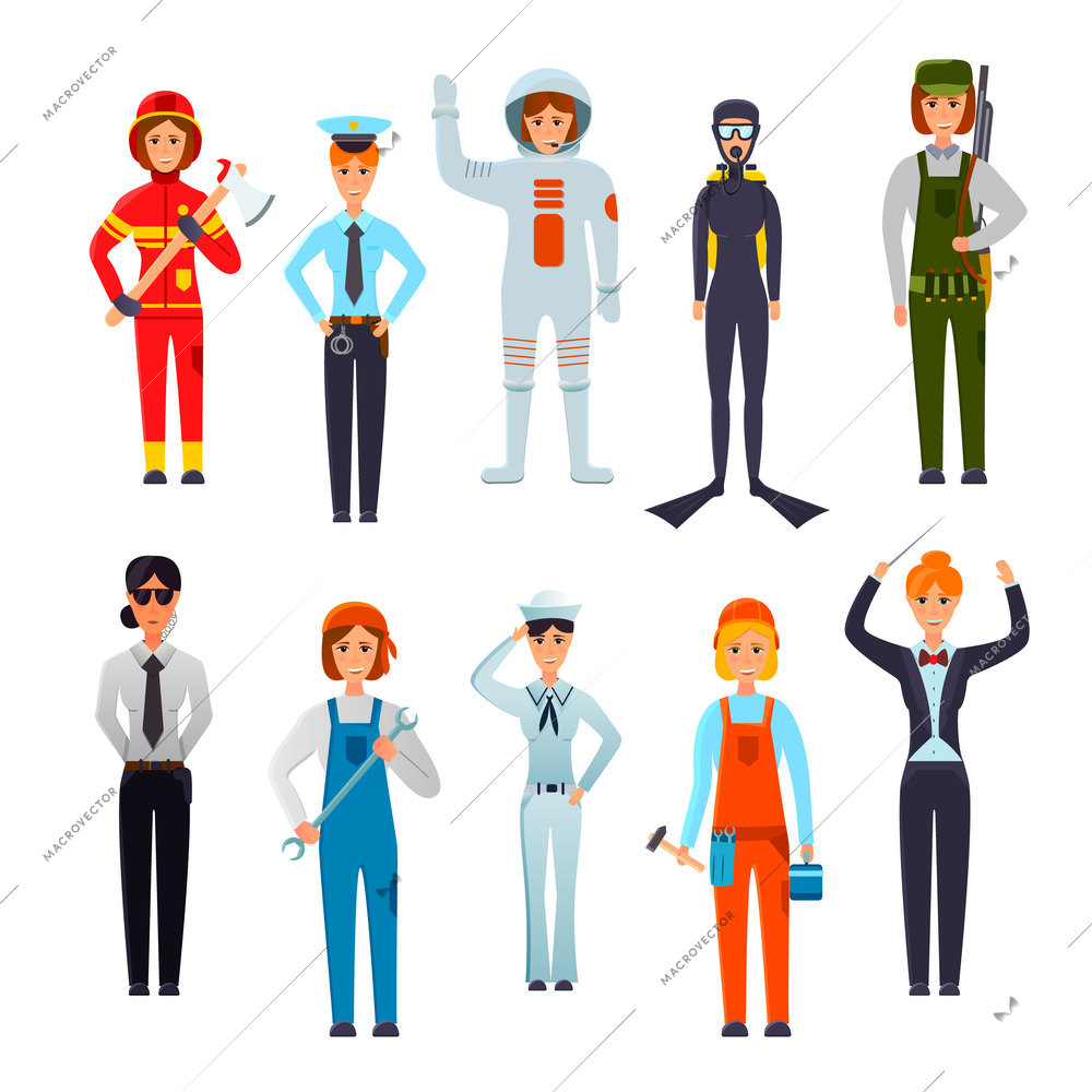 Women professions flat character set with police officer firefighter orchestra conductor navy sailor diver isolated vector illustration