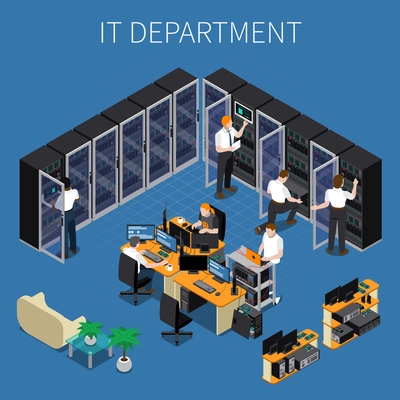 Isometric composition with system administrators and technicians working at information technology engineering department 3d vector illustration