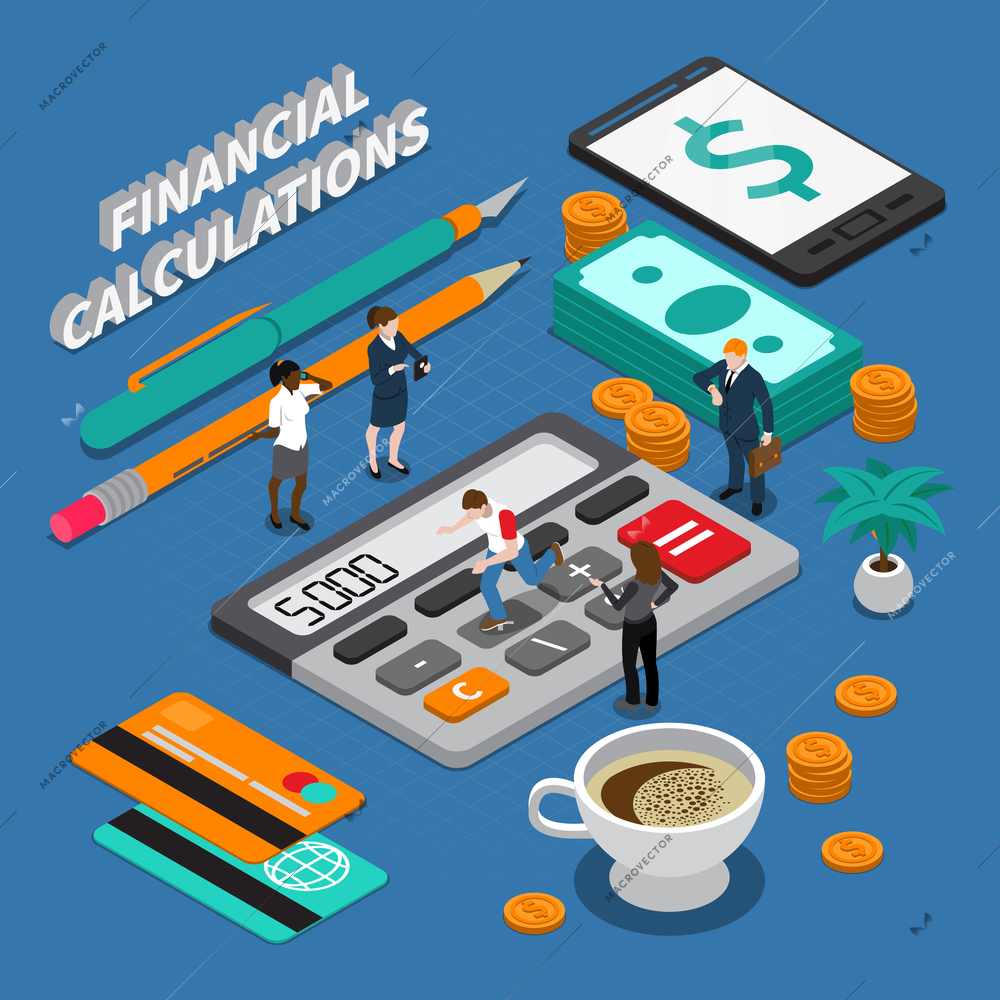 Isometric miniature concept with business people tools for financial calculations and money on blue background 3d vector illustration