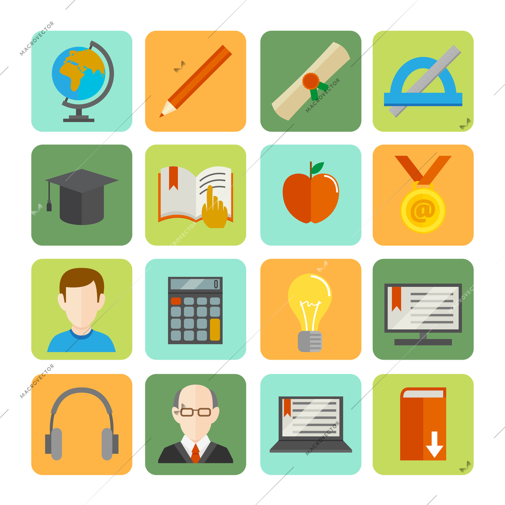 E-learning online learning knowledge and experience flat icons set isolated vector illustration