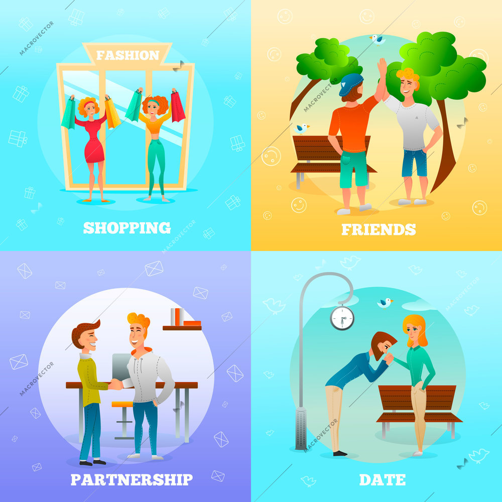 Friends partners dating couple greeting each other gestures 4 flat colorful background icons square isolated vector illustration