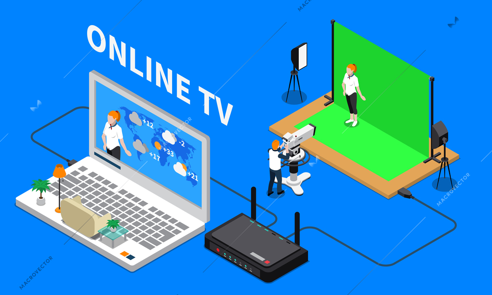 Telecommunication isometric composition with television programme shooting and online streaming 3d vector illustration