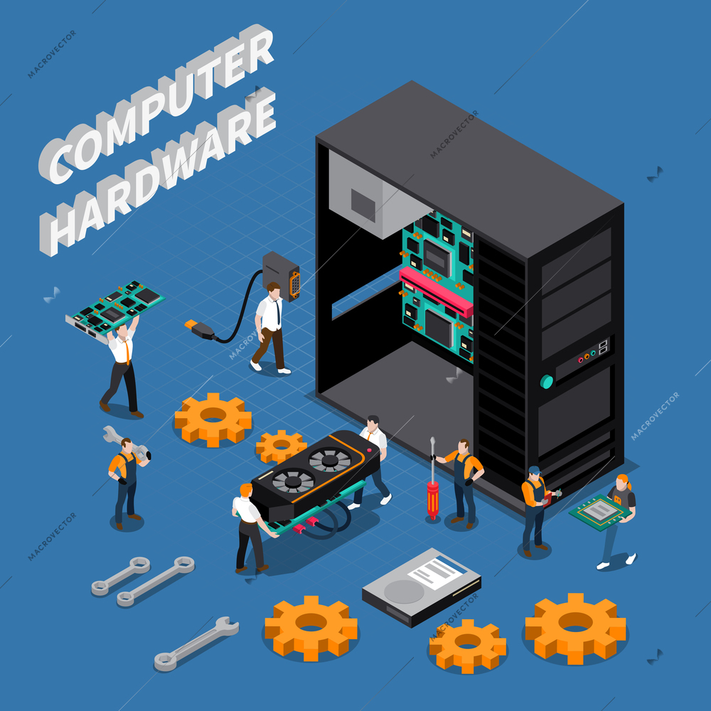 Isometric composition with computer hardware and information technology engineers repairing system unit 3d vector illustration