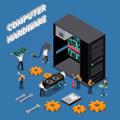 Isometric composition with computer hardware and information technology engineers repairing system unit 3d vector illustration