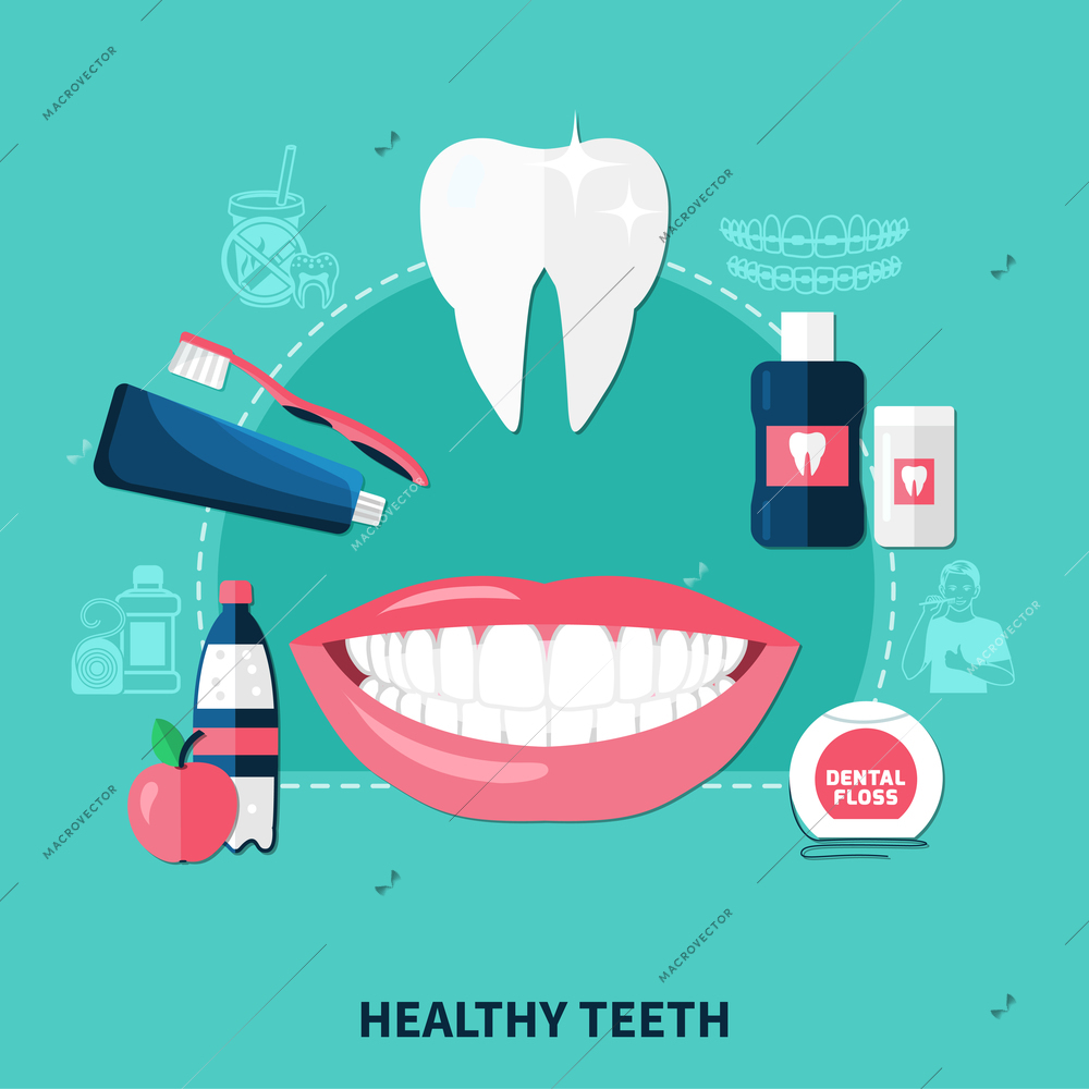 Healthy teeth design concept with white smile and items for dental hygiene flat icons vector illustration
