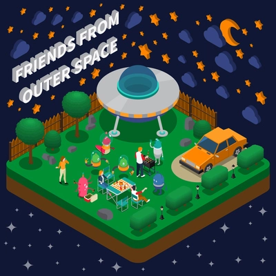 People having picnic with alien characters in yard with spaceship isometric composition 3d vector illustration