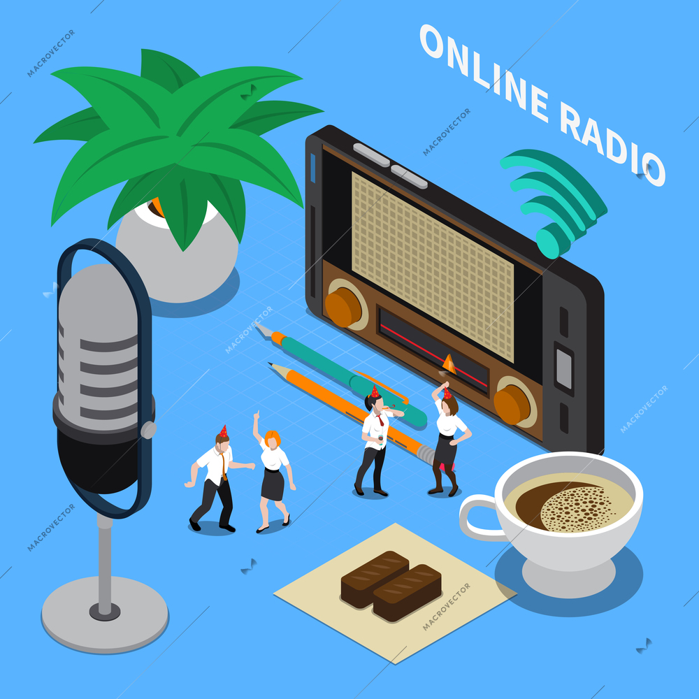 People dancing and listening to online radio streaming during break isometric composition on blue background 3d vector illustration