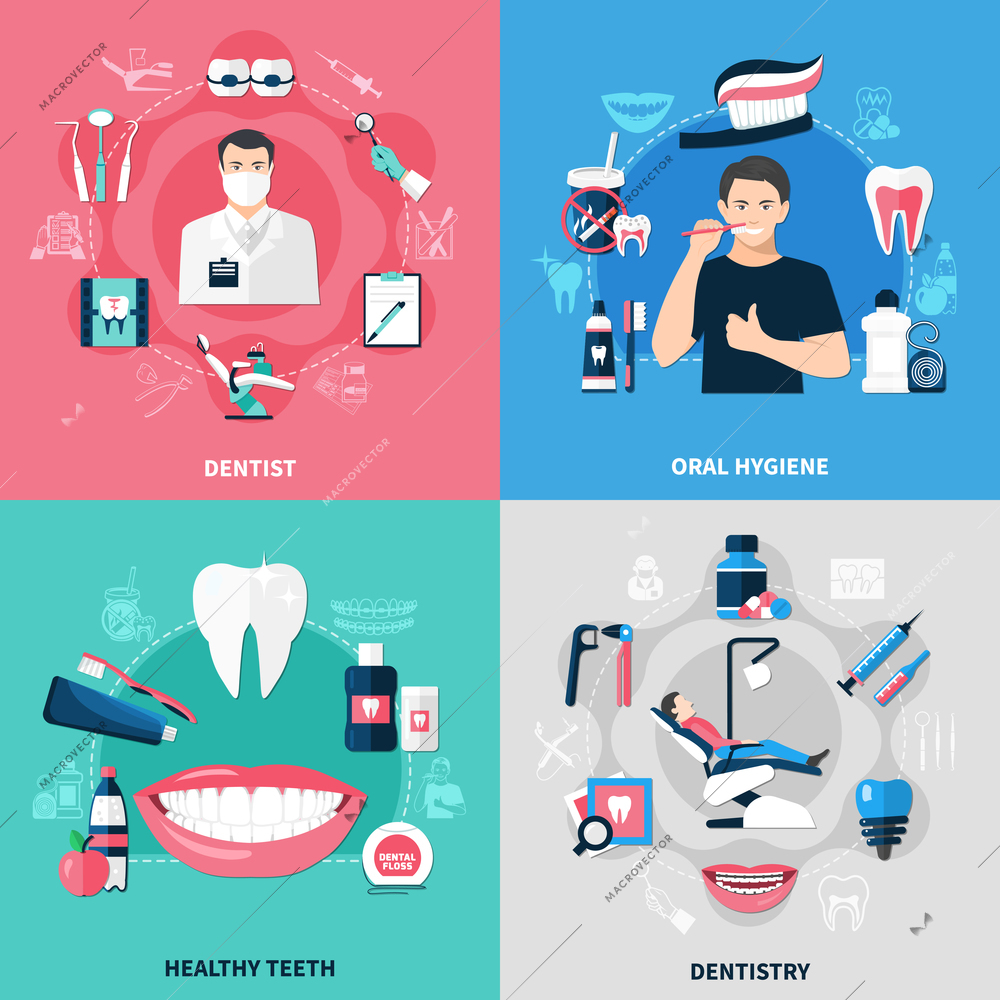 Dental 2x2 design concept set of oral hygiene healthy teeth dentist and dentistry square compositions flat vector illustration