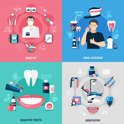 Dental 2x2 design concept set of oral hygiene healthy teeth dentist and dentistry square compositions flat vector illustration