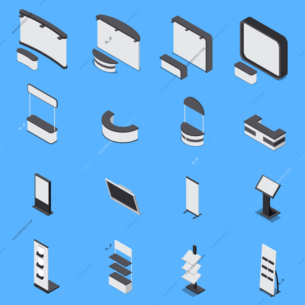 Isometric set of various exhibition stands and shelves isolated on blue background 3d vector illustration