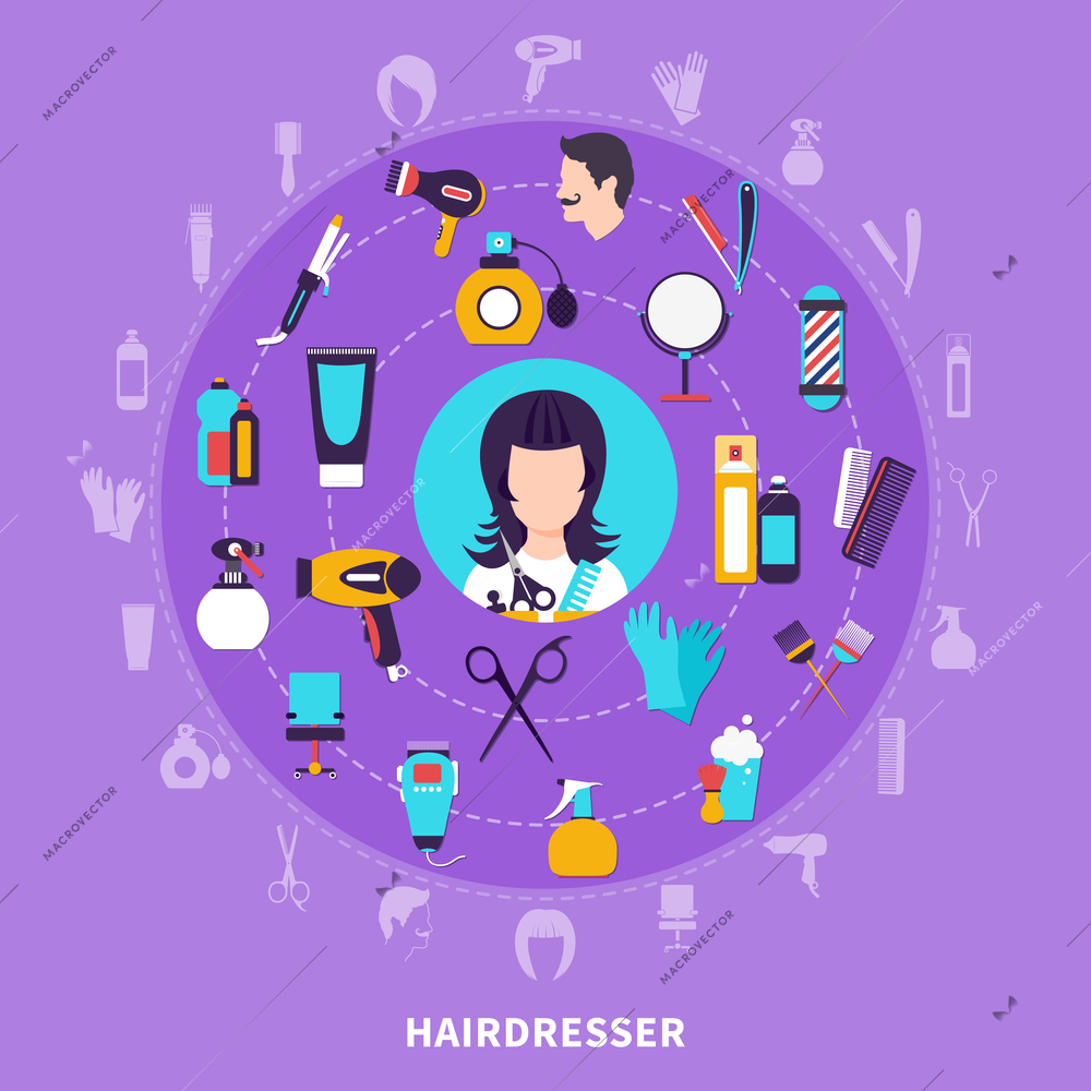 Hairdresser round composition with icon set combined in big circle and with elements of hairdresser tools vector illustration