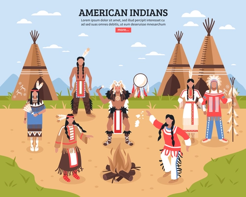 American indians cartoon poster with teepees in tribal location and native americans dancing around fire flat vector illustration