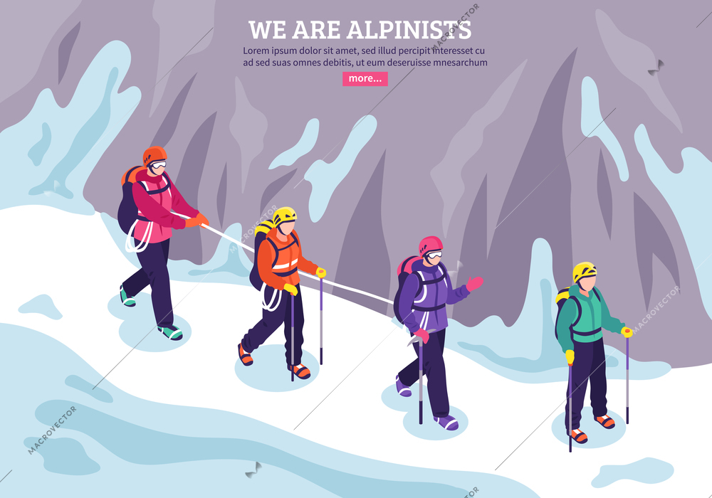Mountaineering winter background with expedition of alpinists going in conjunction on snow isometric vector illustration
