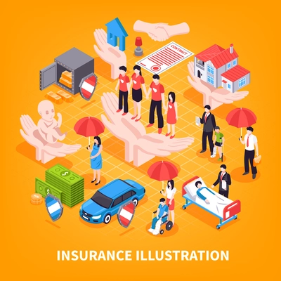 Insurance isometric vector illustration with medical services banking security property and transport protection elements