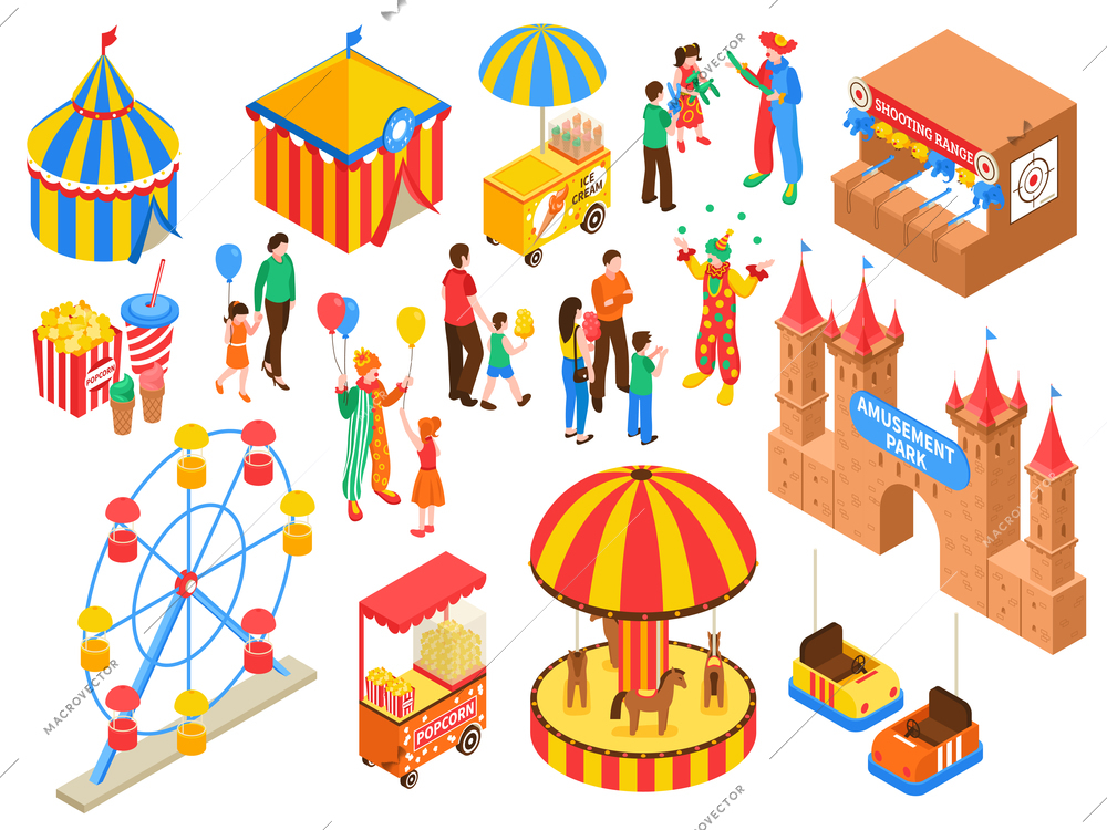 Amusement park isometric set with circus tent ice cream and popcorn carts clowns handing out air balloons isolated vector illustration